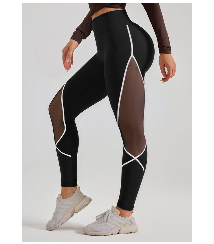 Cross-Border Area Color-Blocking Mesh Yoga Pants European and American Style High-Waisted Sexy Running Pants Women's Butt-Lifting Sweat-Wicking Leggings