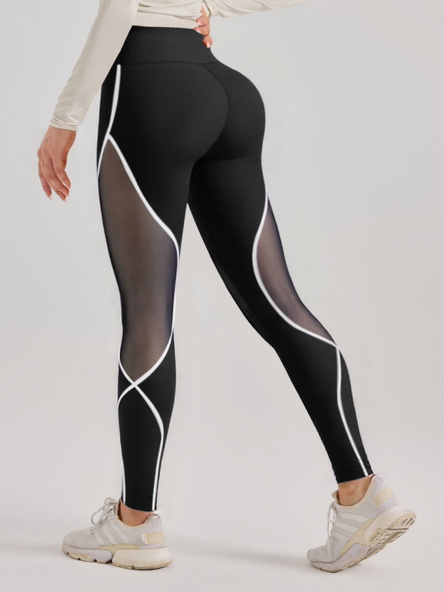 Cross-Border Area Color-Blocking Mesh Yoga Pants European and American Style High-Waisted Sexy Running Pants Women's Butt-Lifting Sweat-Wicking Leggings