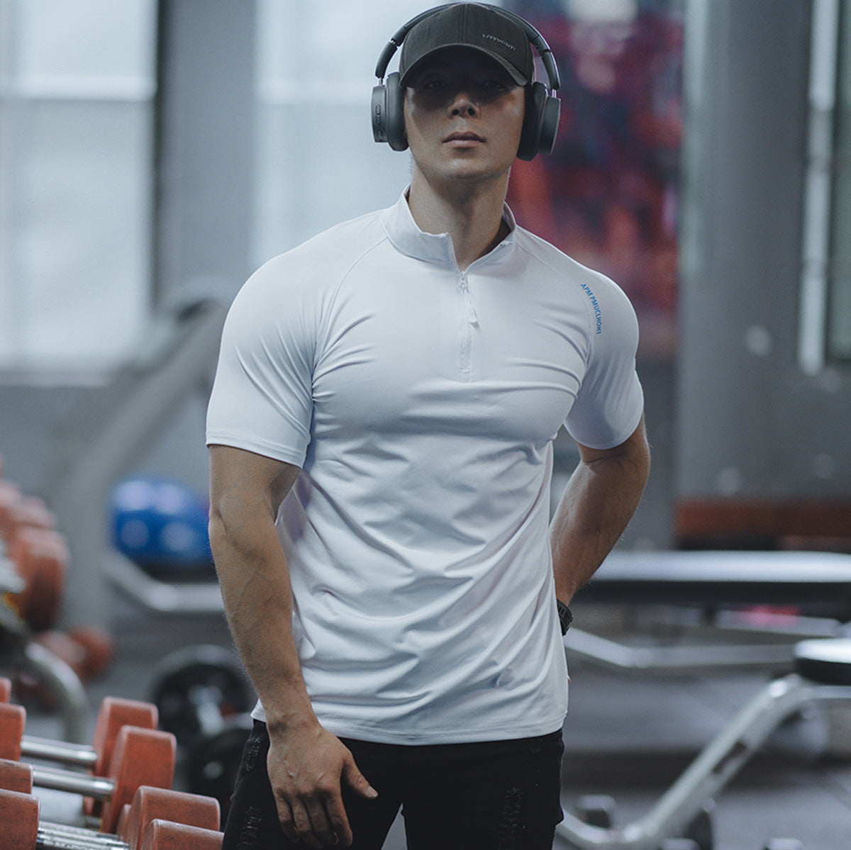 Spring and summer men's new sports leisure running exercise fitness quick-drying elastic simple zipper short sleeve T-shirt