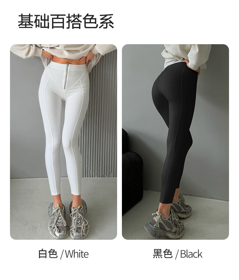 European and American New Style Women's High-Waisted Butt-Lifting Zipper Tummy Control Yoga Pants Nude Tight Leggings Wholesale