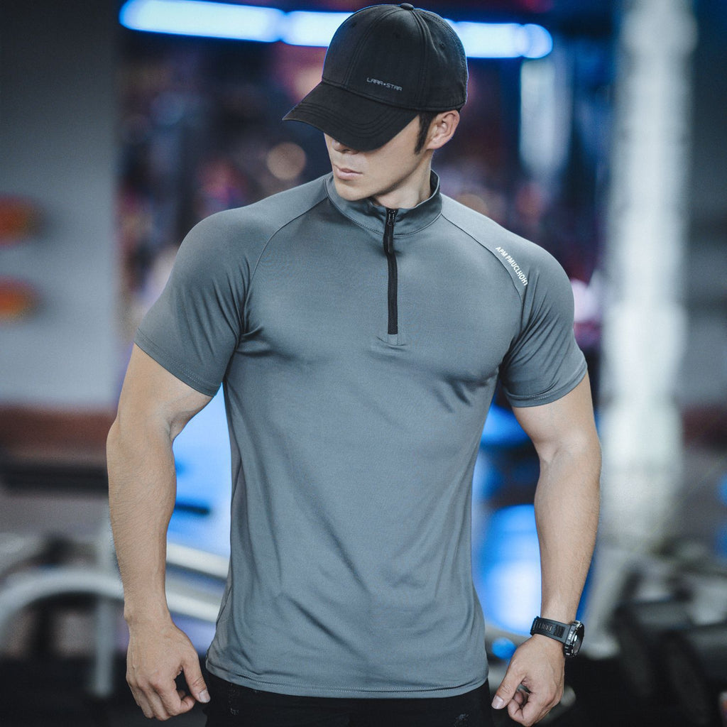 Spring and summer men's new sports leisure running exercise fitness quick-drying elastic simple zipper short sleeve T-shirt