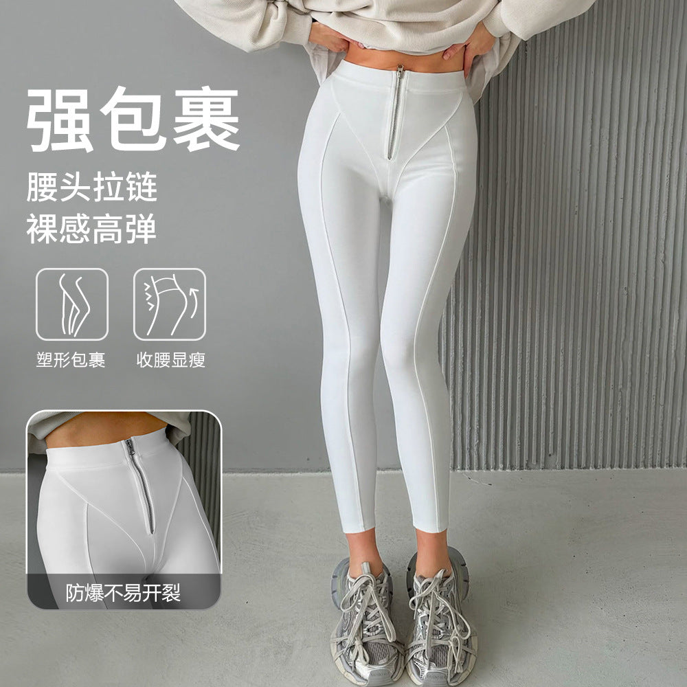 European and American New Style Women's High-Waisted Butt-Lifting Zipper Tummy Control Yoga Pants Nude Tight Leggings Wholesale