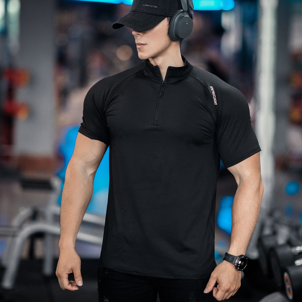 Spring and summer men's new sports leisure running exercise fitness quick-drying elastic simple zipper short sleeve T-shirt