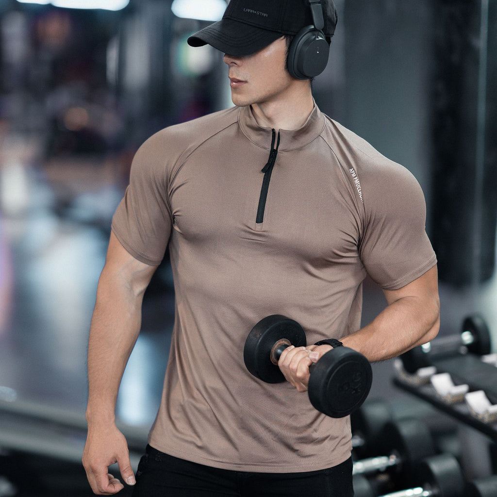 Spring and summer men's new sports leisure running exercise fitness quick-drying elastic simple zipper short sleeve T-shirt