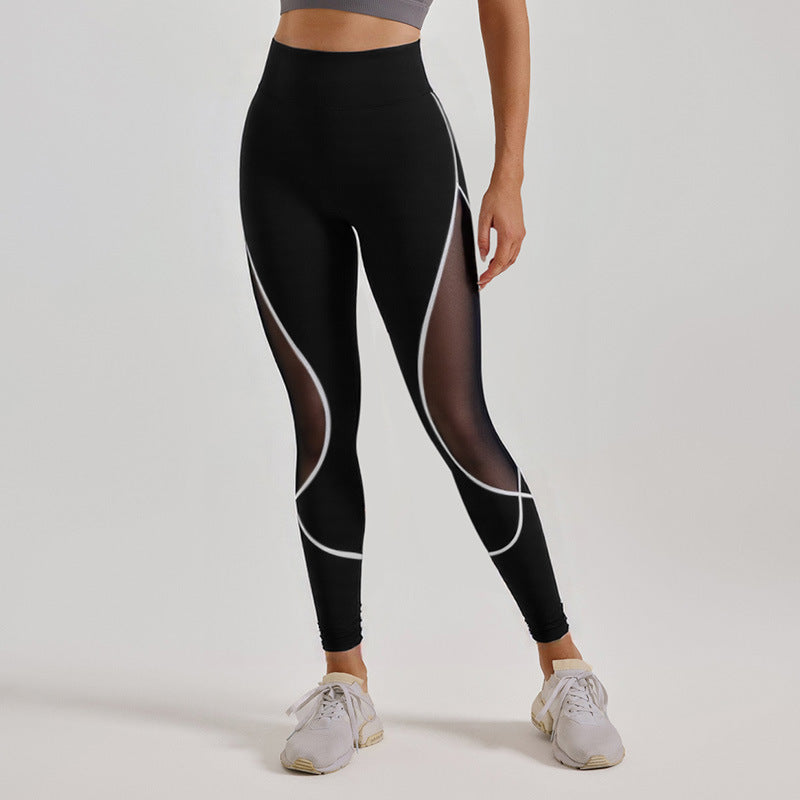 Cross-Border Area Color-Blocking Mesh Yoga Pants European and American Style High-Waisted Sexy Running Pants Women's Butt-Lifting Sweat-Wicking Leggings