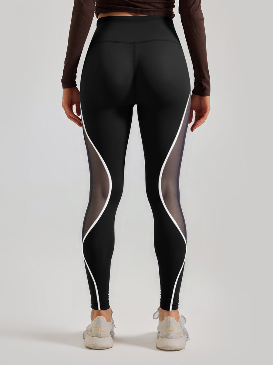 Cross-Border Area Color-Blocking Mesh Yoga Pants European and American Style High-Waisted Sexy Running Pants Women's Butt-Lifting Sweat-Wicking Leggings