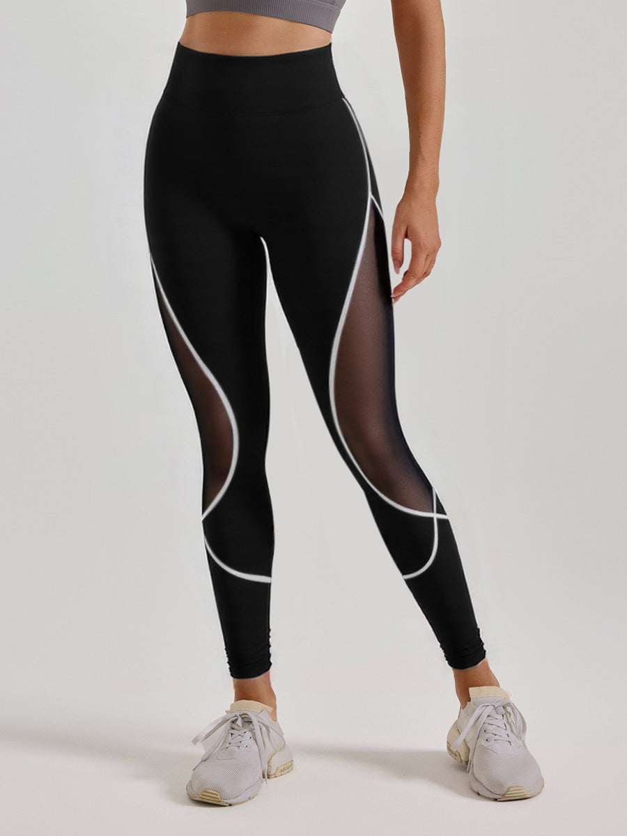 Cross-Border Area Color-Blocking Mesh Yoga Pants European and American Style High-Waisted Sexy Running Pants Women's Butt-Lifting Sweat-Wicking Leggings