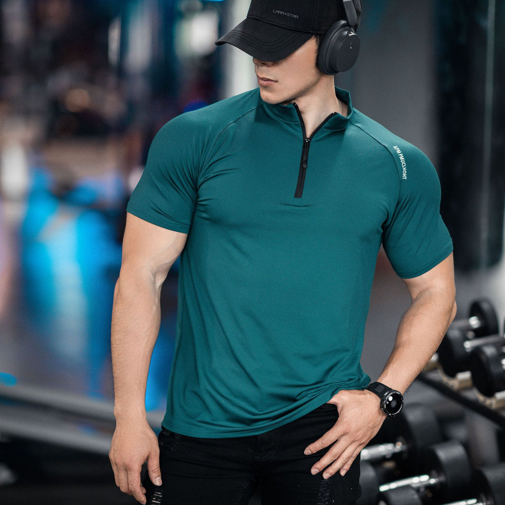 Spring and summer men's new sports leisure running exercise fitness quick-drying elastic simple zipper short sleeve T-shirt