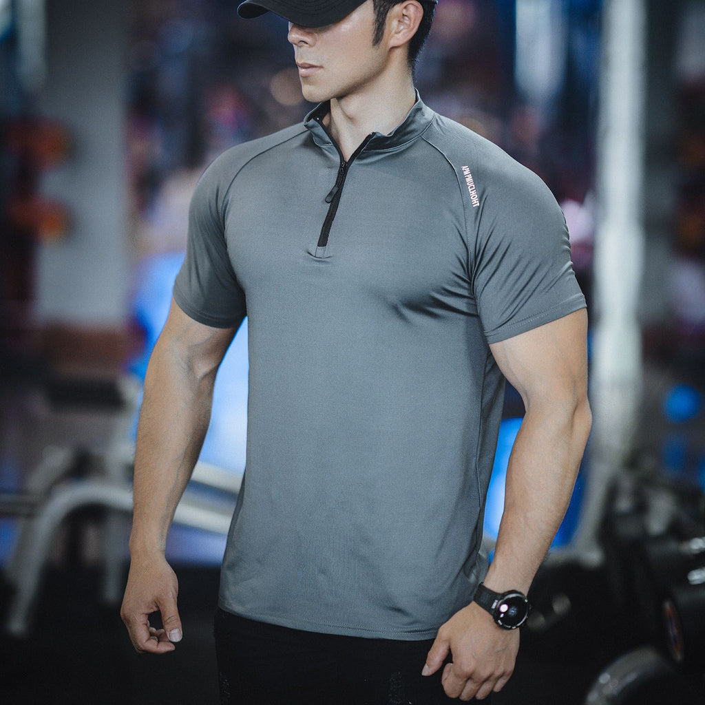 Spring and summer men's new sports leisure running exercise fitness quick-drying elastic simple zipper short sleeve T-shirt