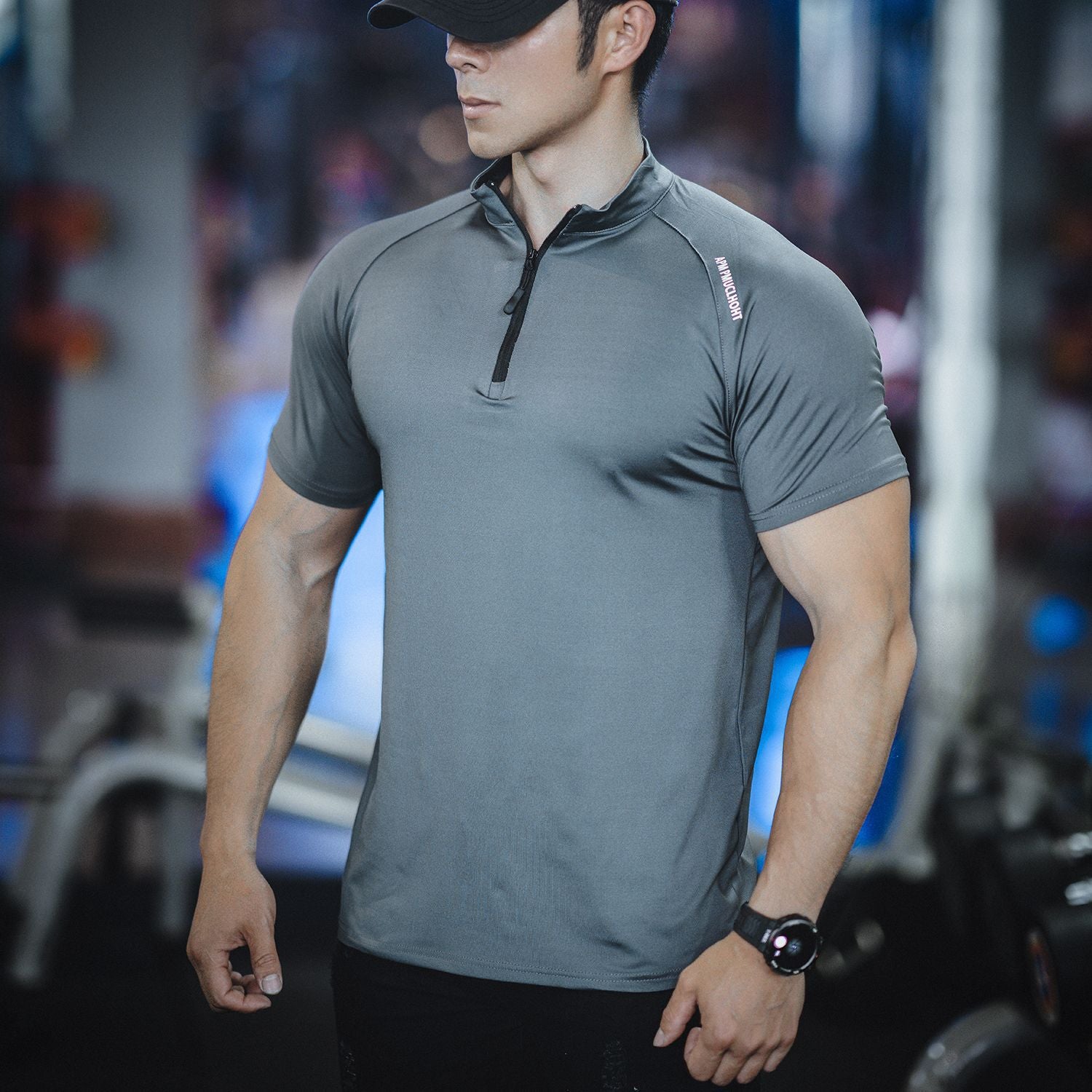Spring and summer men's new sports leisure running exercise fitness quick-drying elastic simple zipper short sleeve T-shirt