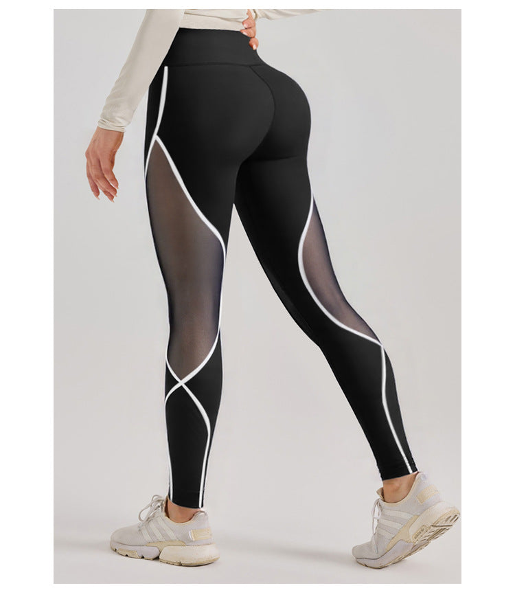 Cross-Border Area Color-Blocking Mesh Yoga Pants European and American Style High-Waisted Sexy Running Pants Women's Butt-Lifting Sweat-Wicking Leggings