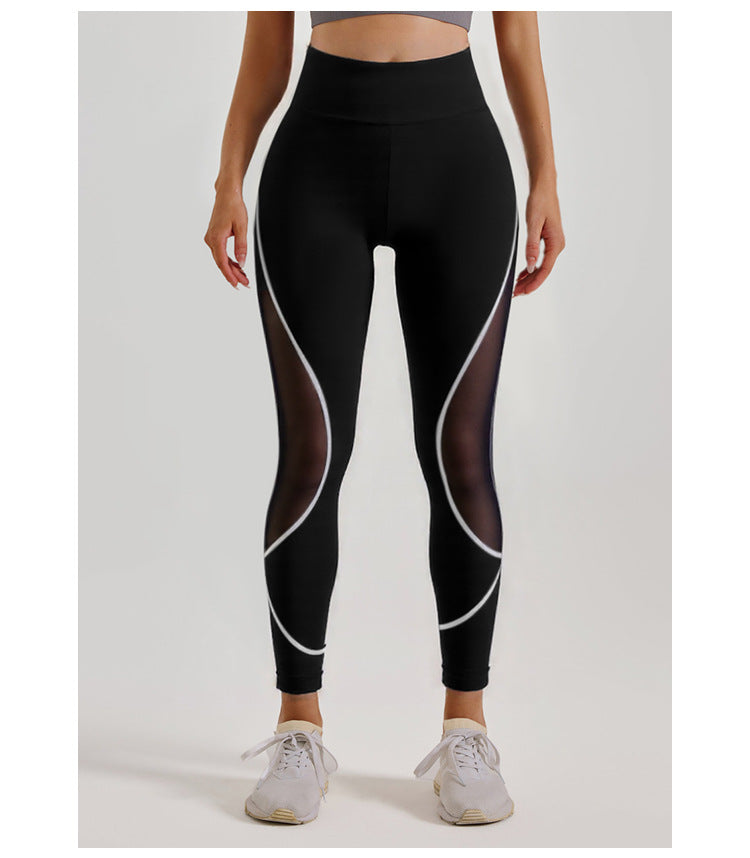 Cross-Border Area Color-Blocking Mesh Yoga Pants European and American Style High-Waisted Sexy Running Pants Women's Butt-Lifting Sweat-Wicking Leggings