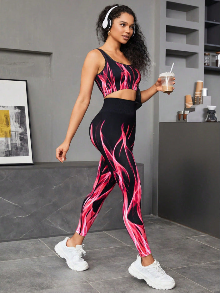Cross-Border Printed and Dyed Sports Fitness High-Waisted Tummy Control Pilates Peach Butt Leggings Bra Seamless Knit Yoga Set