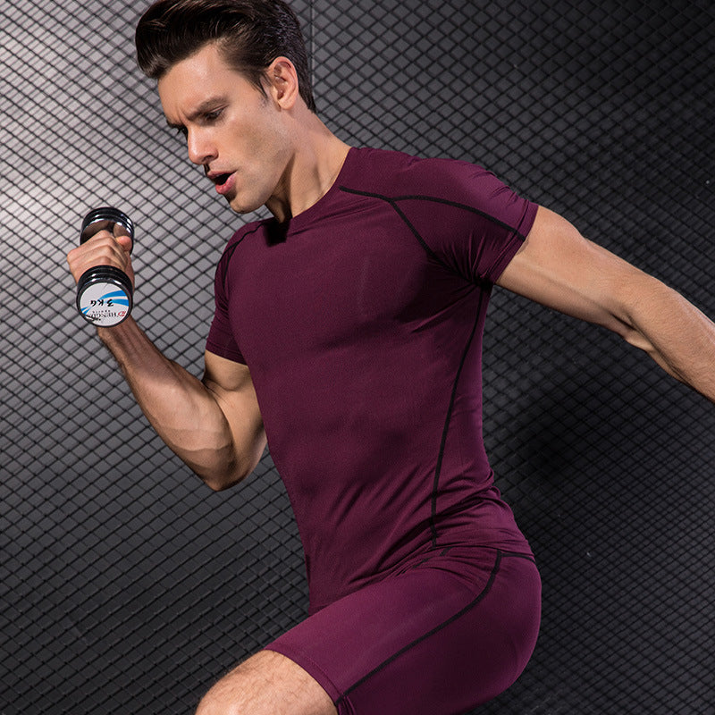 Men's PRO Tight Short-sleeved Fitness Sports Running Training Suit Elastic Quick-drying Clothes Short-sleeved T-shirt Clothes 1053
