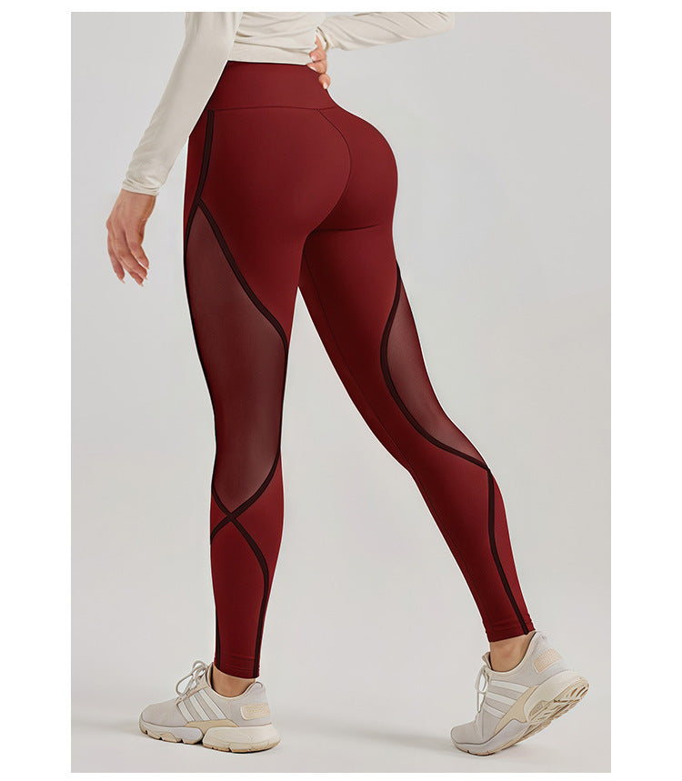 Cross-Border Area Color-Blocking Mesh Yoga Pants European and American Style High-Waisted Sexy Running Pants Women's Butt-Lifting Sweat-Wicking Leggings