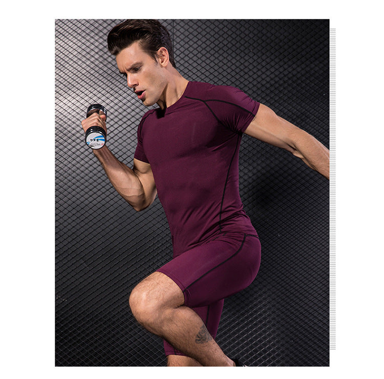 Men's PRO Tight Short-sleeved Fitness Sports Running Training Suit Elastic Quick-drying Clothes Short-sleeved T-shirt Clothes 1053