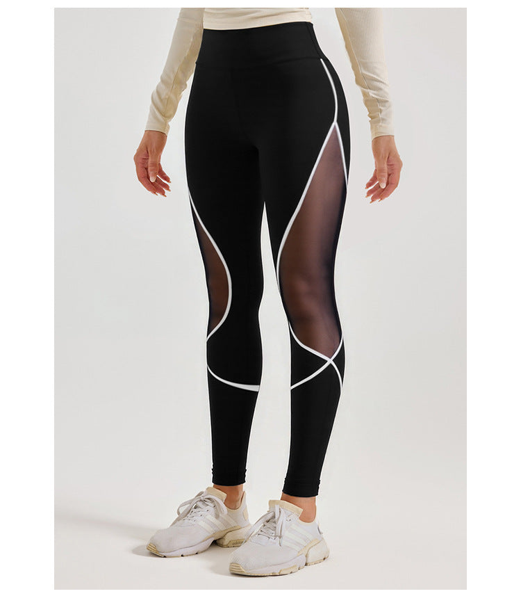 Cross-Border Area Color-Blocking Mesh Yoga Pants European and American Style High-Waisted Sexy Running Pants Women's Butt-Lifting Sweat-Wicking Leggings
