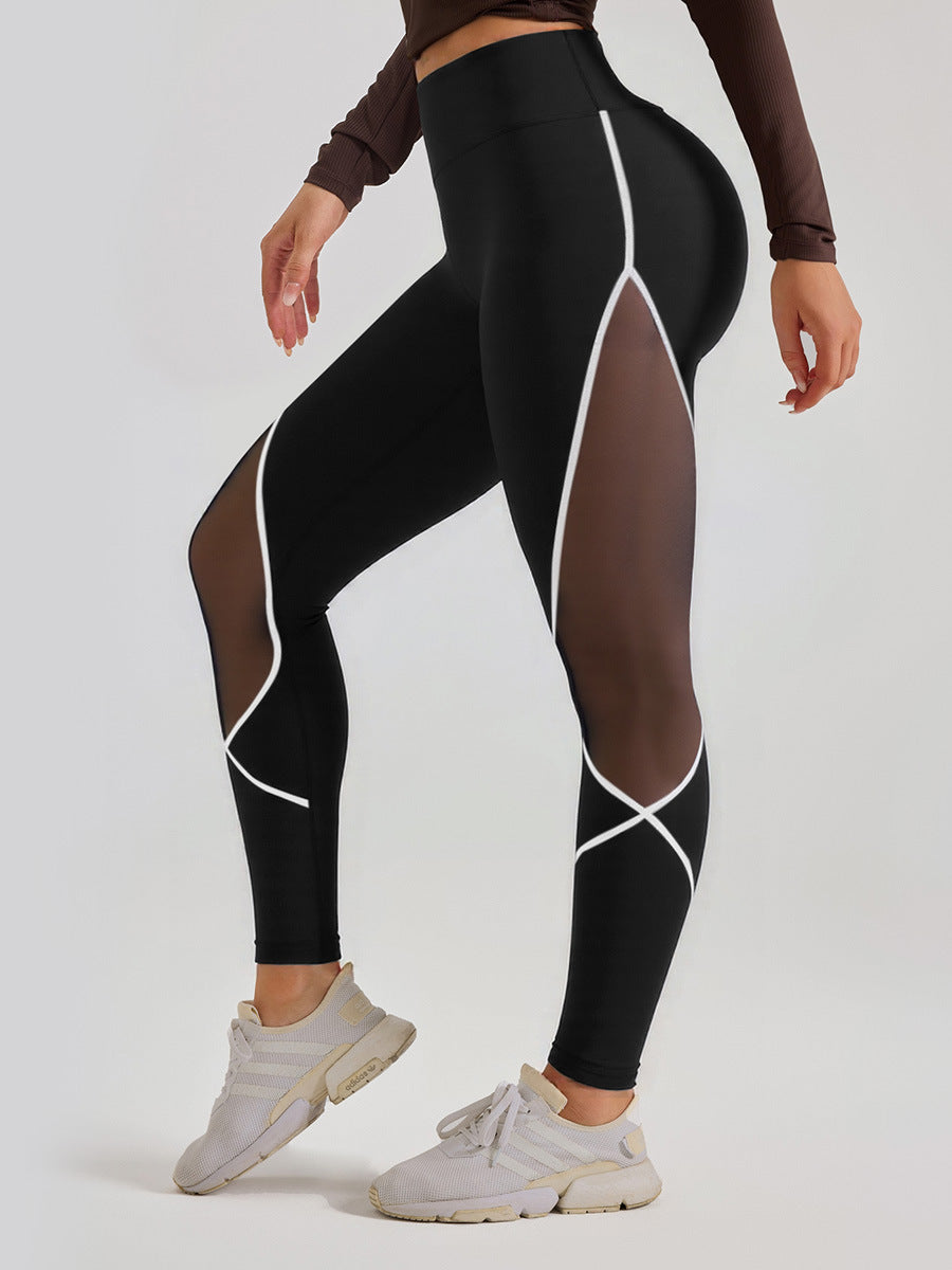 Cross-Border Area Color-Blocking Mesh Yoga Pants European and American Style High-Waisted Sexy Running Pants Women's Butt-Lifting Sweat-Wicking Leggings