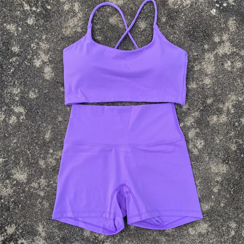 Women's Tight Yoga Shorts Set Beautiful Back Cross Sports Bra Gym Yoga Short Set