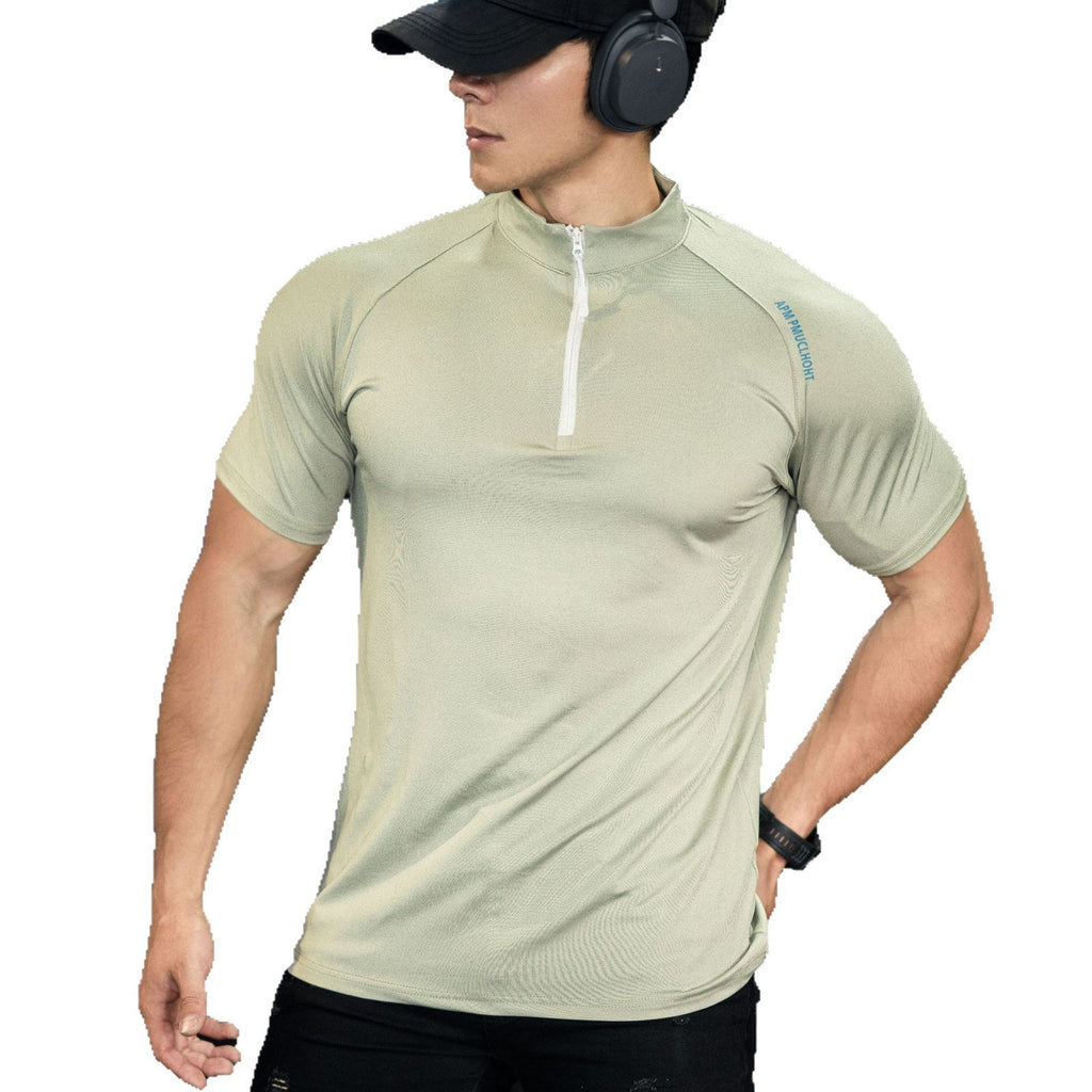 Spring and summer men's new sports leisure running exercise fitness quick-drying elastic simple zipper short sleeve T-shirt