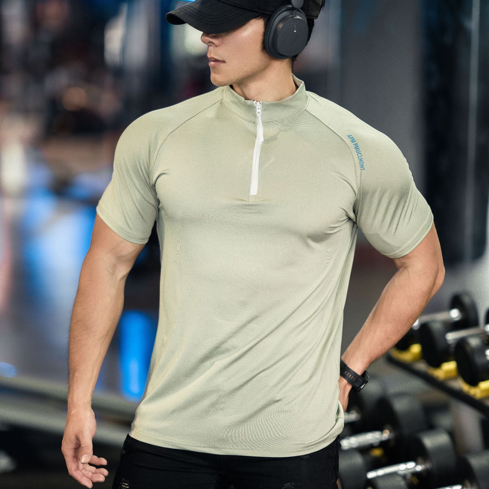 Spring and summer men's new sports leisure running exercise fitness quick-drying elastic simple zipper short sleeve T-shirt