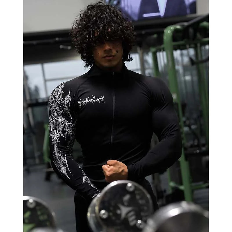Men'S Gym Plus Size Zipper Printed Jacket， American Style Trendy Sportswear，Gym Bodysuit Fitness Zip-Up Jacket