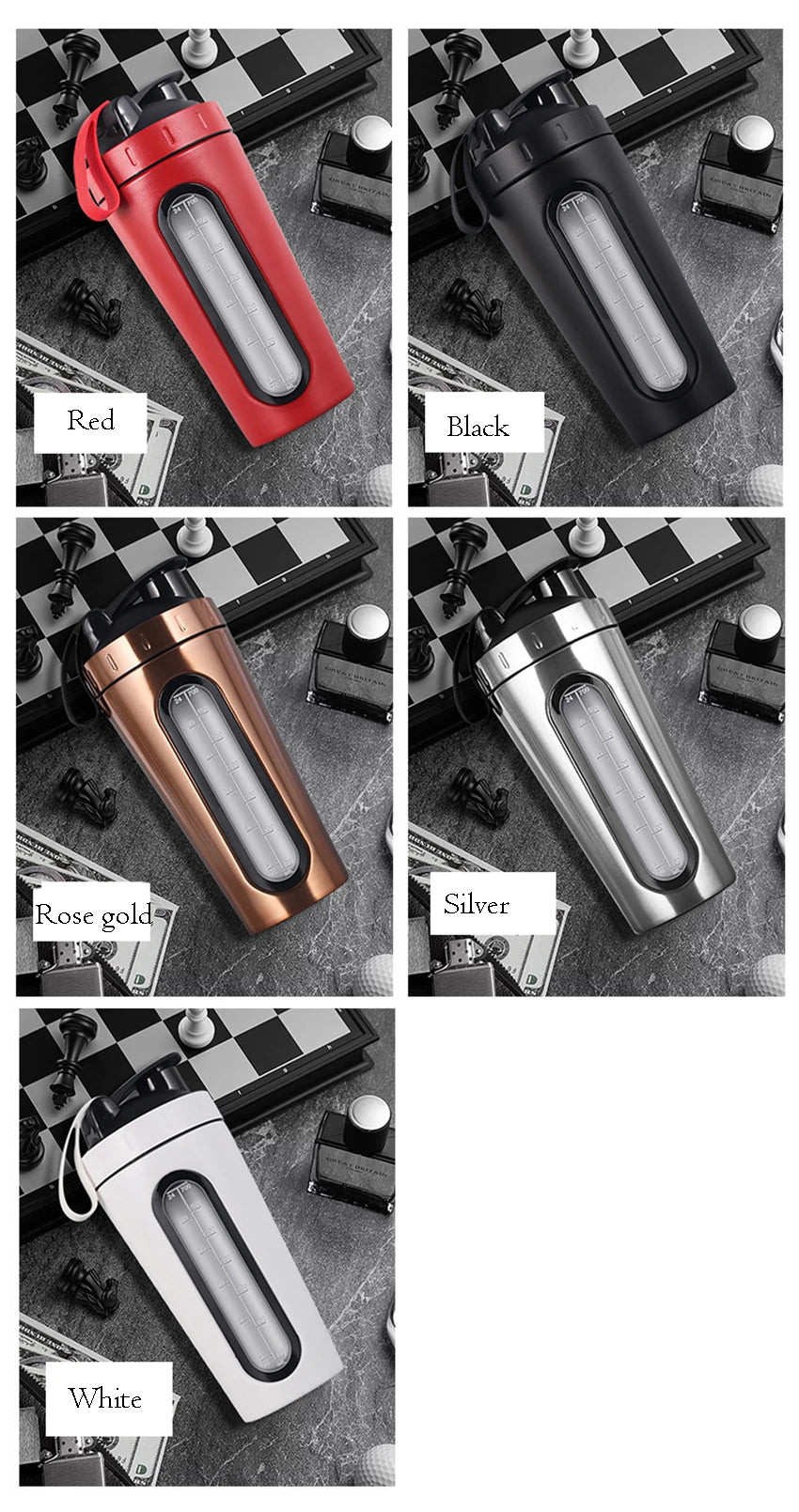 700ML Sports Protein Shaker Bottle Stainless Steel Leakproof Gym Water Bottle Fitness Whey Protein Powder Mixer Cup with Scale