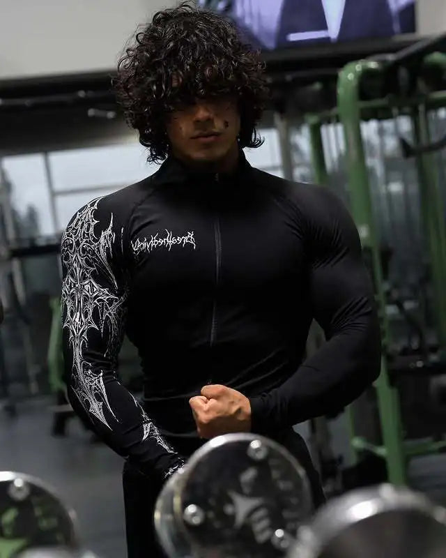 Men'S Gym Plus Size Zipper Printed Jacket， American Style Trendy Sportswear，Gym Bodysuit Fitness Zip-Up Jacket