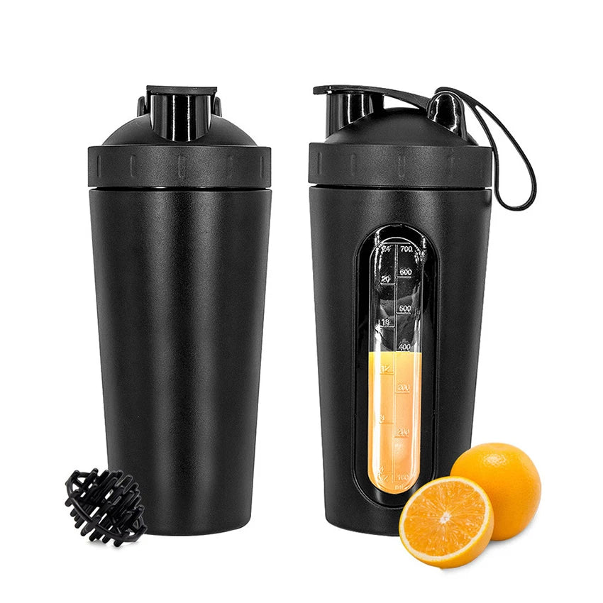 700ML Sports Protein Shaker Bottle Stainless Steel Leakproof Gym Water Bottle Fitness Whey Protein Powder Mixer Cup with Scale