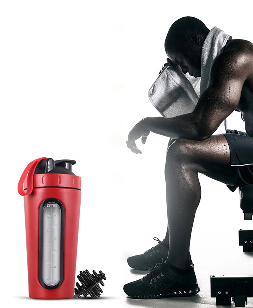 700ML Sports Protein Shaker Bottle Stainless Steel Leakproof Gym Water Bottle Fitness Whey Protein Powder Mixer Cup with Scale