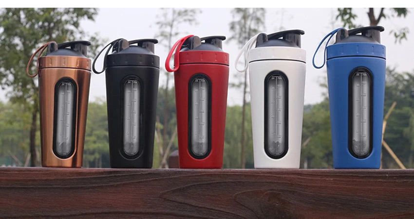 700ML Sports Protein Shaker Bottle Stainless Steel Leakproof Gym Water Bottle Fitness Whey Protein Powder Mixer Cup with Scale
