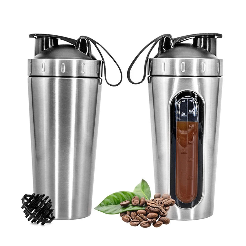 700ML Sports Protein Shaker Bottle Stainless Steel Leakproof Gym Water Bottle Fitness Whey Protein Powder Mixer Cup with Scale