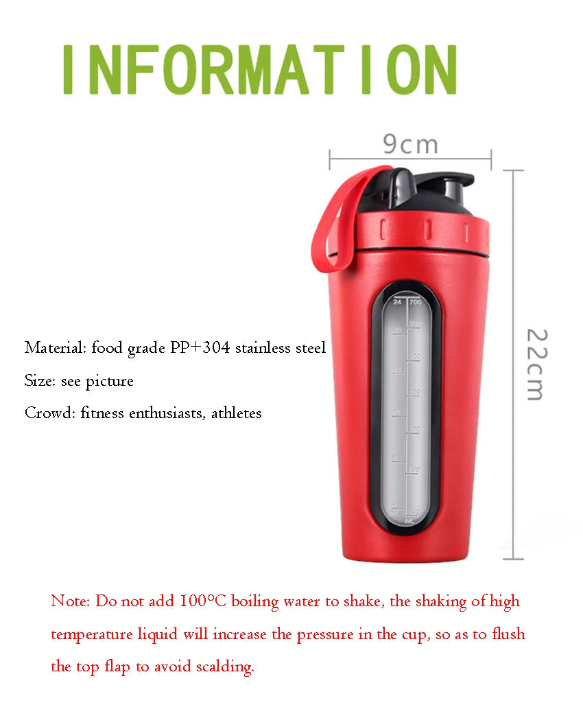 700ML Sports Protein Shaker Bottle Stainless Steel Leakproof Gym Water Bottle Fitness Whey Protein Powder Mixer Cup with Scale
