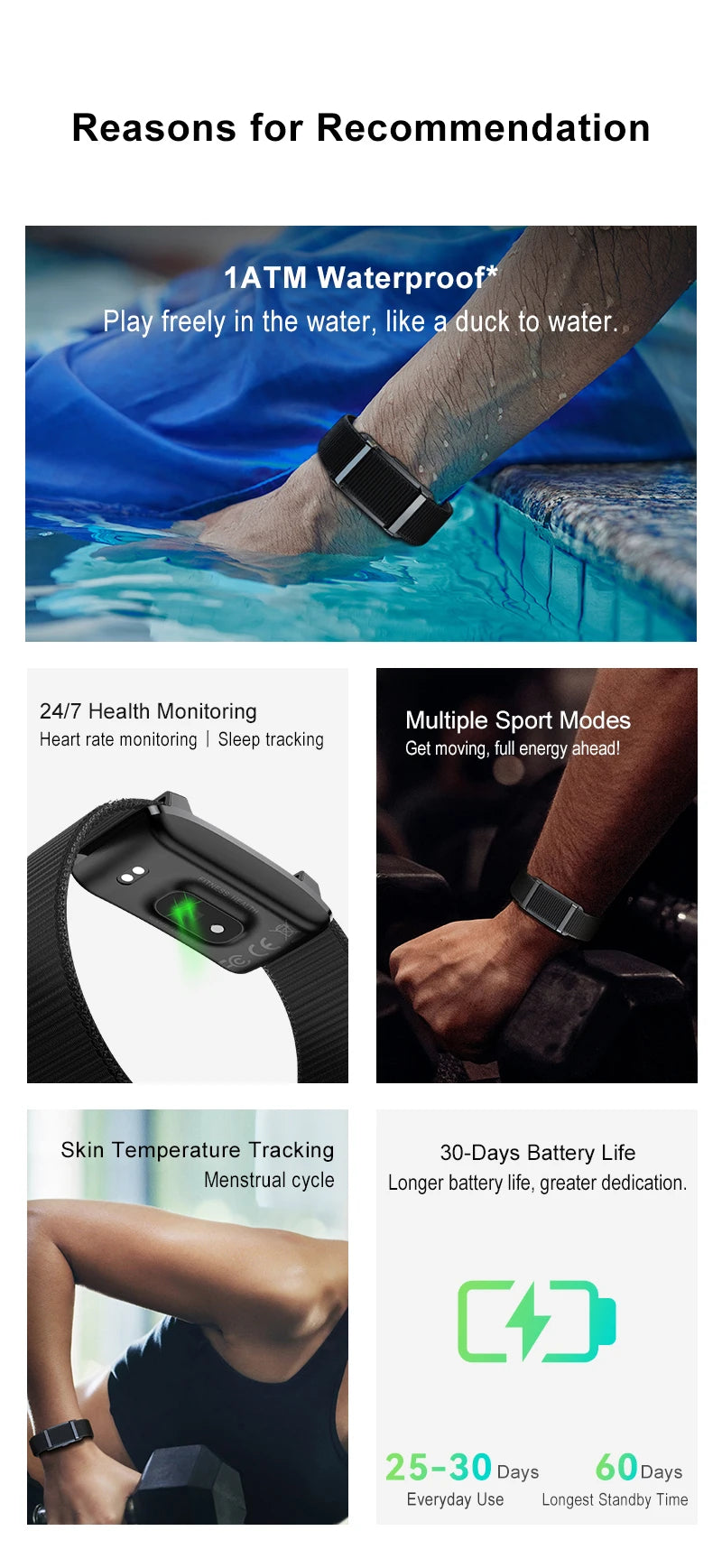 Smart Bracelet Sports Fitness Tracker Health Monitoring Step Count Heart Rate Sleep Tracking 1ATM Waterproof Smart Wristband
