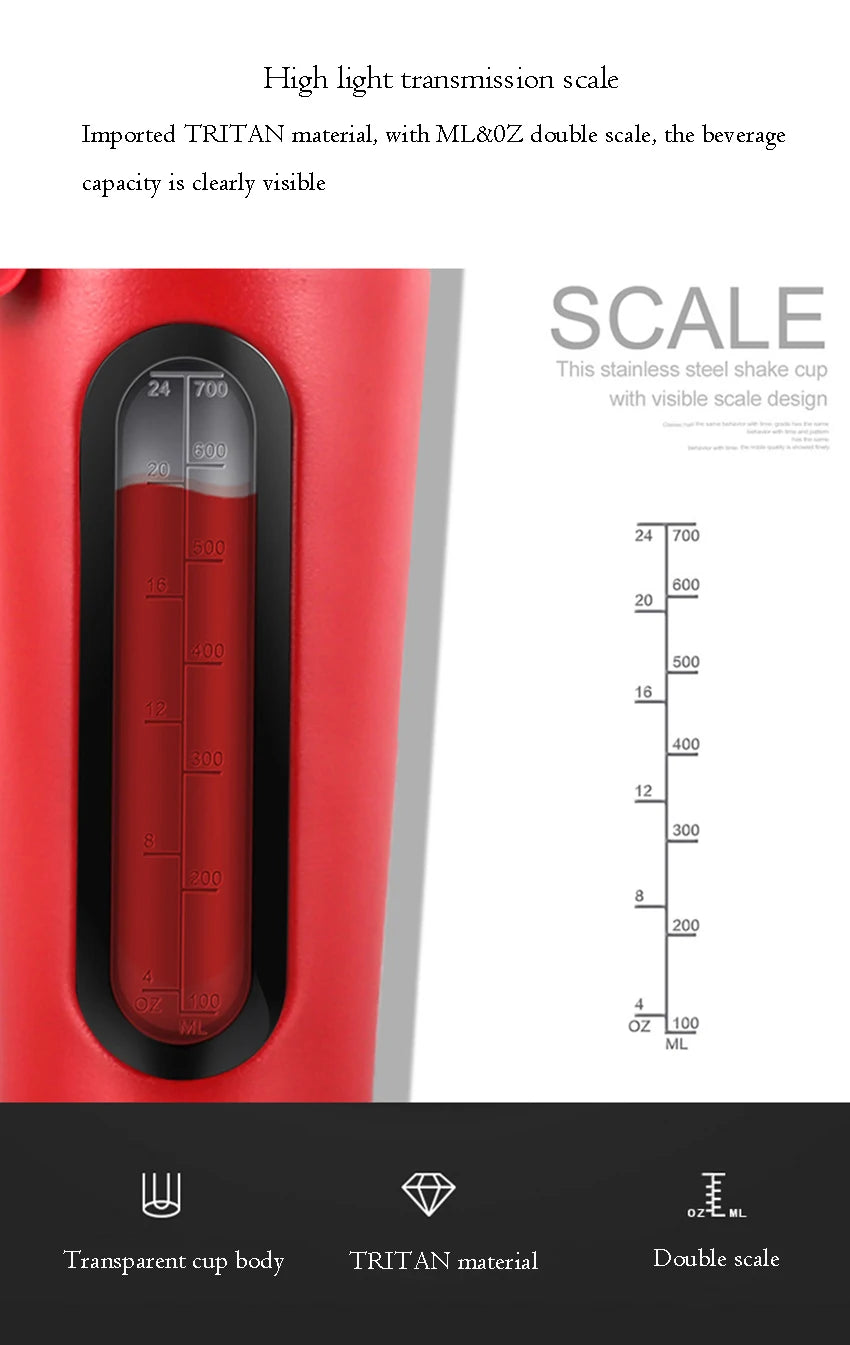 700ML Sports Protein Shaker Bottle Stainless Steel Leakproof Gym Water Bottle Fitness Whey Protein Powder Mixer Cup with Scale