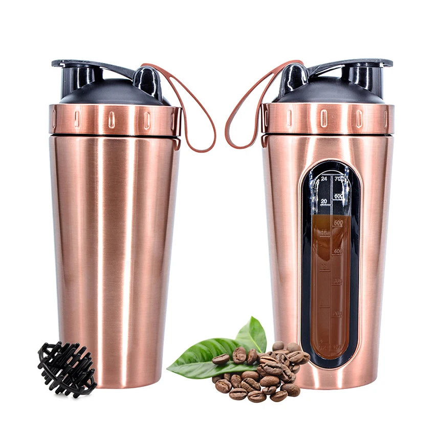 700ML Sports Protein Shaker Bottle Stainless Steel Leakproof Gym Water Bottle Fitness Whey Protein Powder Mixer Cup with Scale
